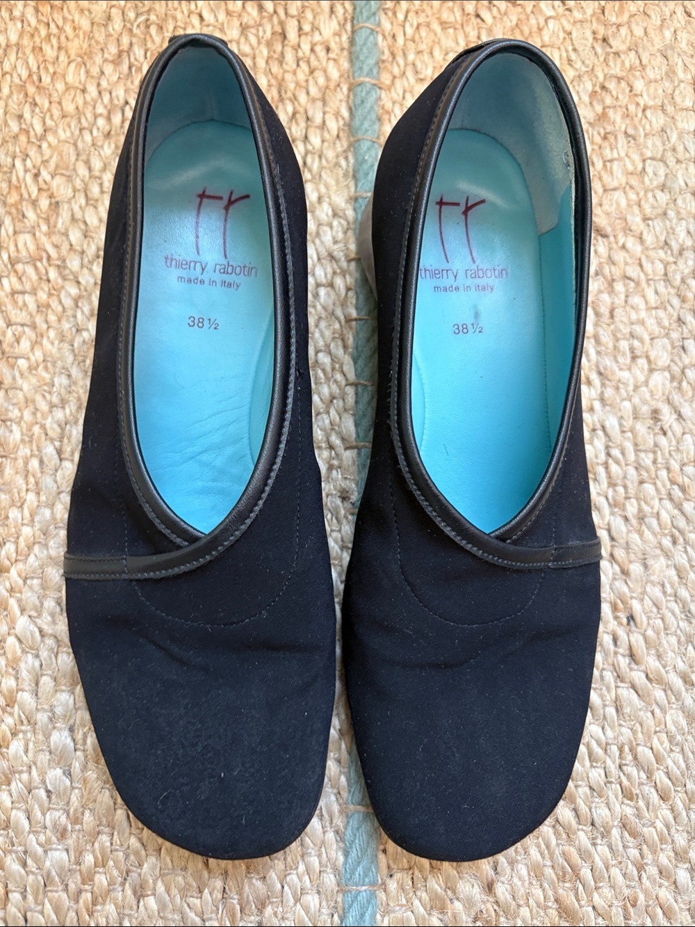 Thierry Rabotin Black Suede Ballet Flats with Turquoise Insole
